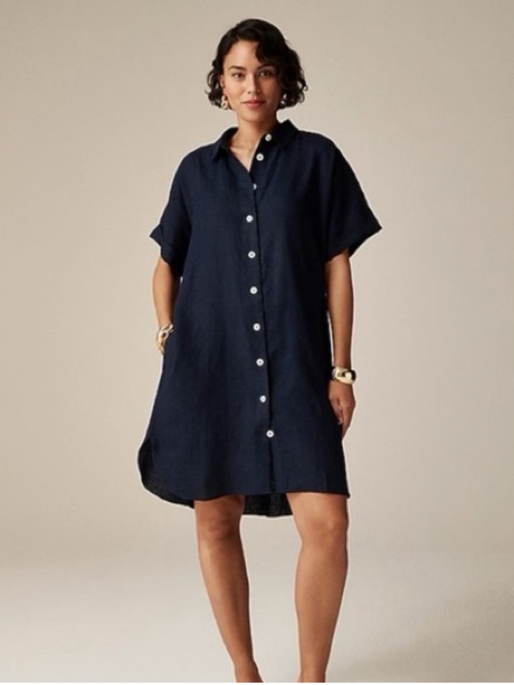 J Crew Navy Blue Capitaine shirt-dress 100% Linen Button Front Knee Length | M